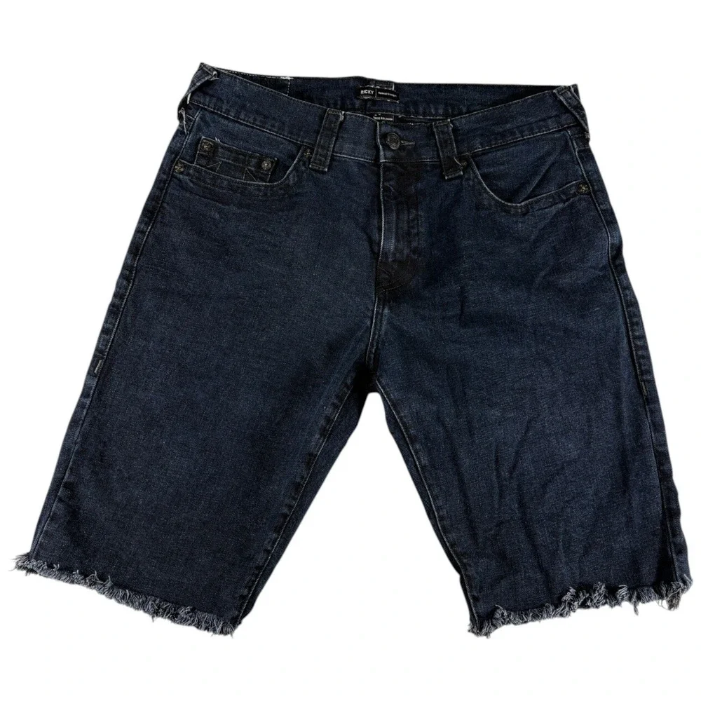 True Religion Ricky Shorts Mens 36 Blue Denim Dark Wash Raw Hem Relaxed Straight